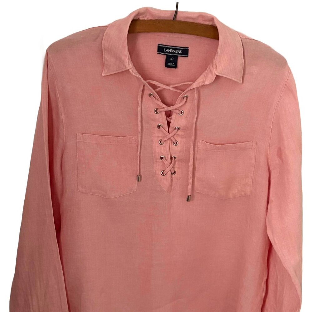 Lands' End Long Sleeve Shirt Womens Size 10 Peach Linen Lace Up Top Pockets